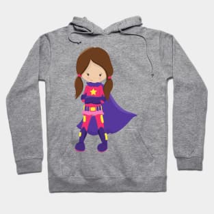 Superhero Girl, Brown Hair, Cute Girl, Purple Cape Hoodie